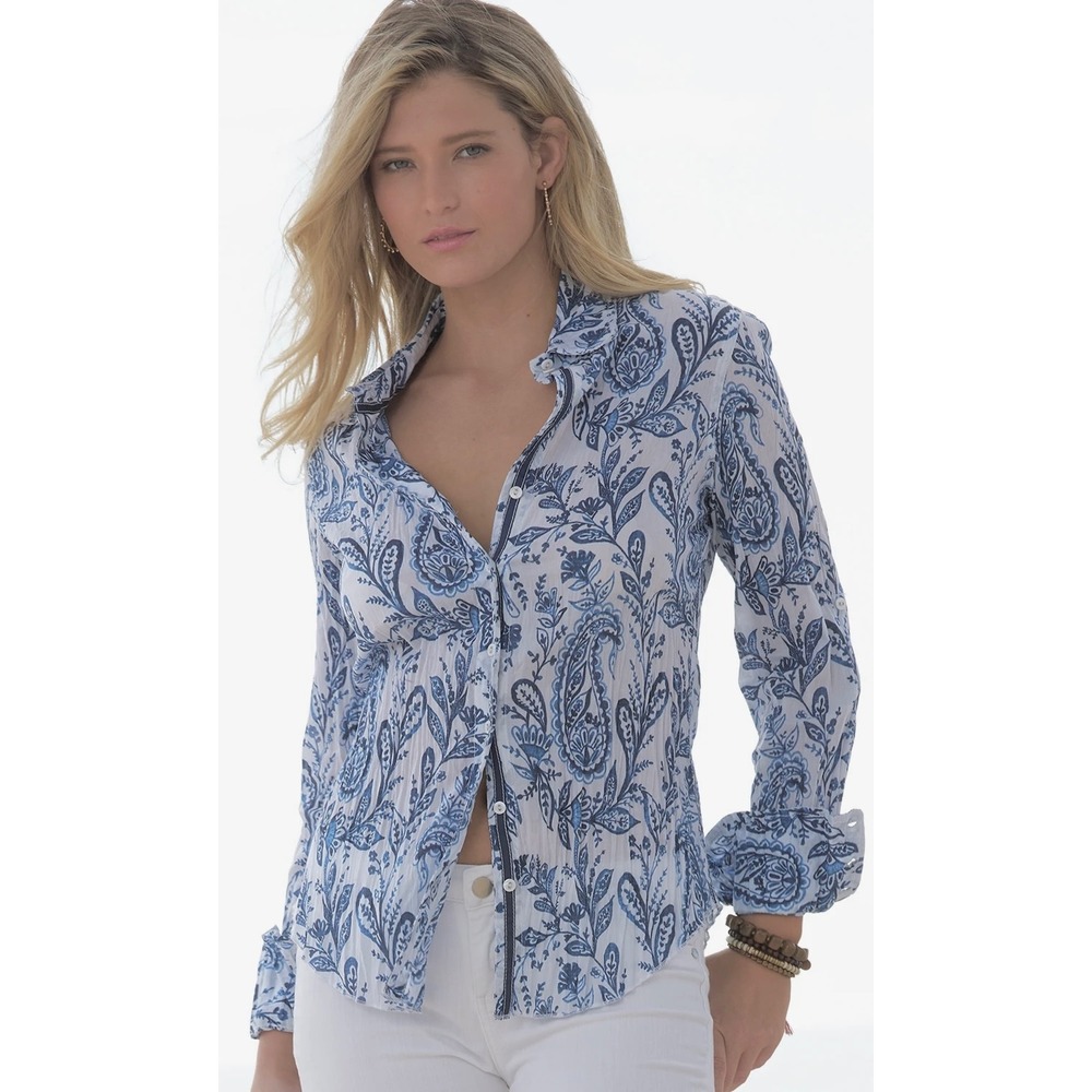 Cino Ink Paisley Indigo Button Down Shirt Womens Medium Blue White Cotton Top
